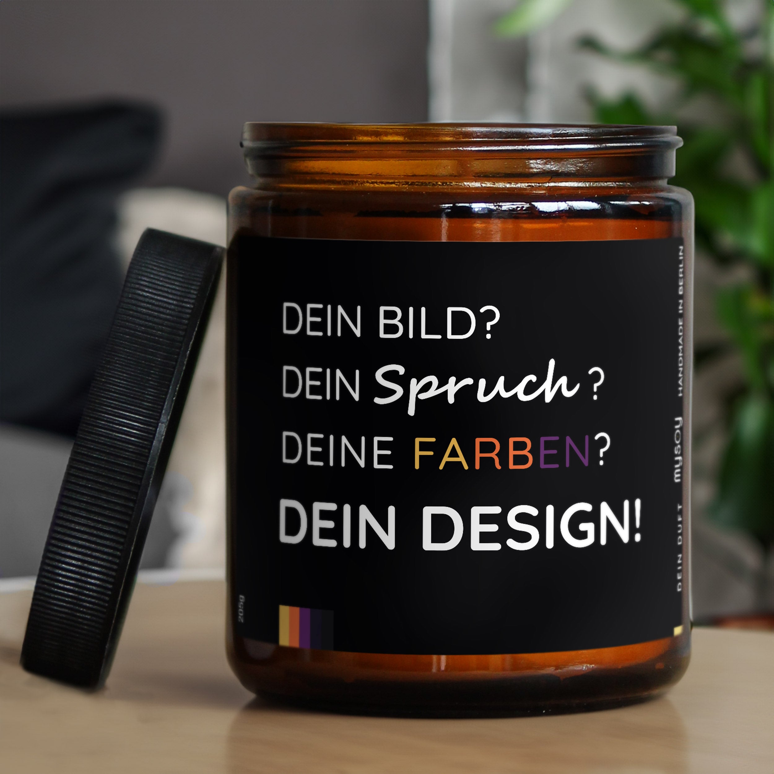 Personalisierte Duftkerze mit eigenem Bild, eigenen Farben und Spruch.